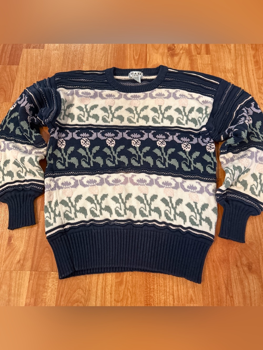 Vintage 80s Cottagecore Grandma Knit Sweater Tulips Floral S/M Navy Prairie